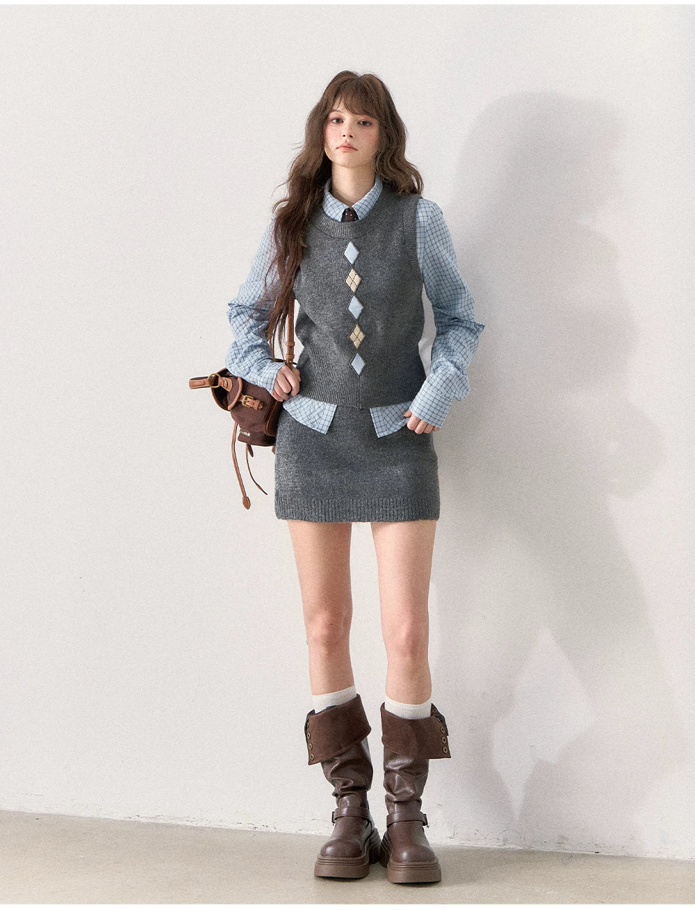 [TMMG] British Collegiate Gray Diamond Knit 3-Piece Set