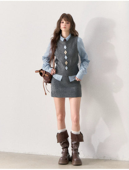 [TMMG] British Collegiate Gray Diamond Knit 3-Piece Set