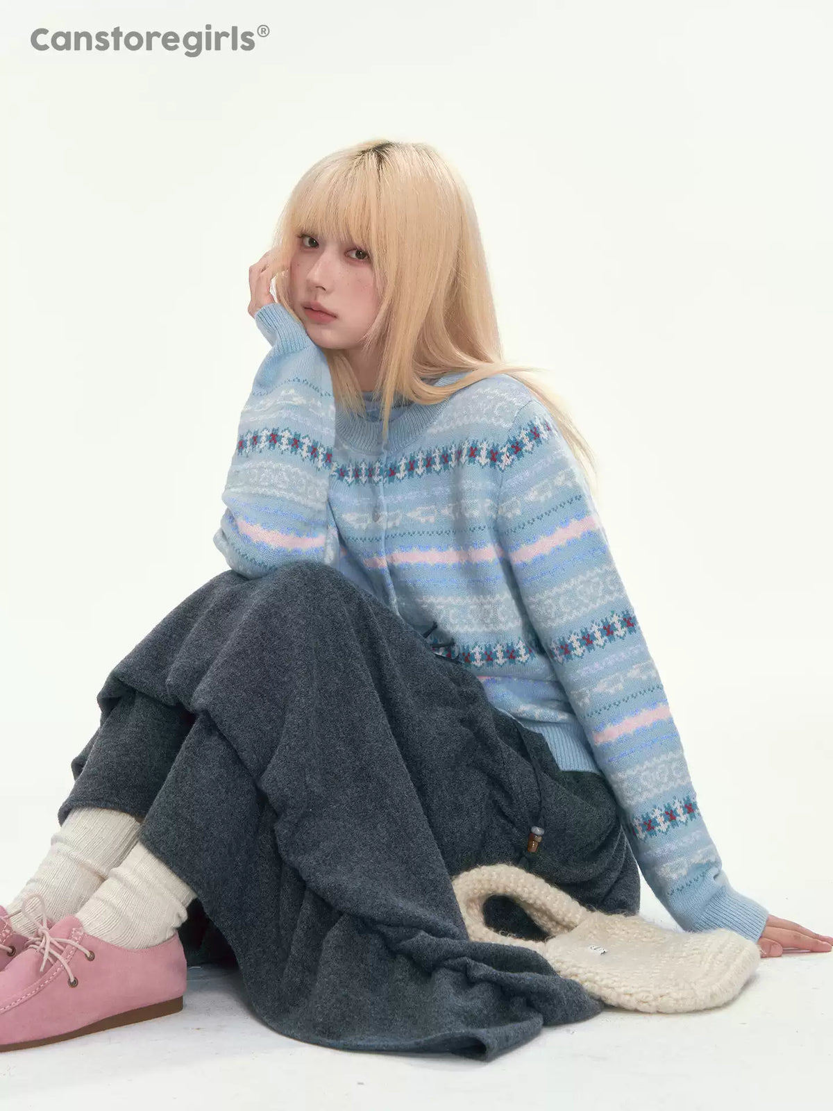 [CAN] Blue Fair Isle Cropped Wool Cardigan (100% Sheep Wool)