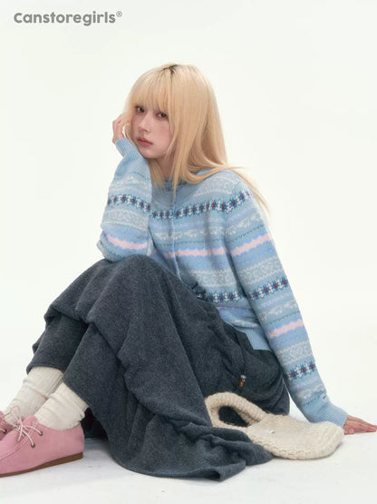 [CAN] Blue Fair Isle Cropped Wool Cardigan (100% Sheep Wool)