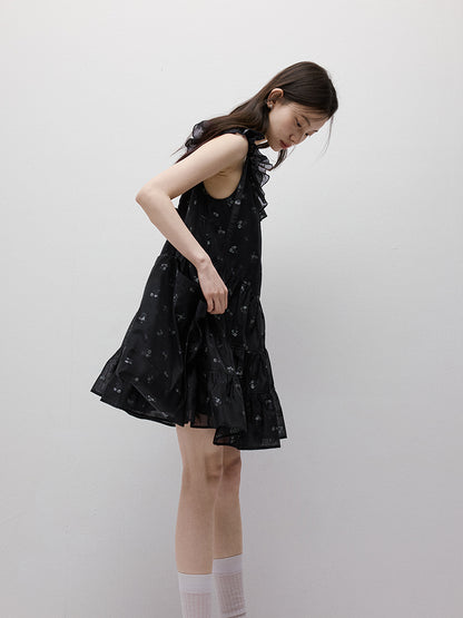 FUSSED Dropping Flora Burnout Floral Babydoll Dress – Dark Blue Short Version FOF-25SS036b