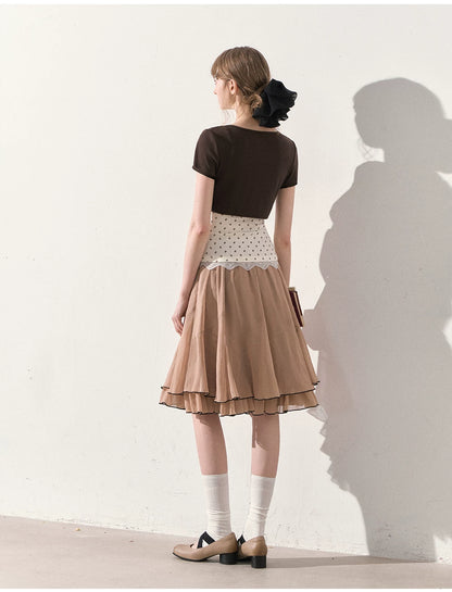 "Summer Café Encounter" Chocolate Knit Cardigan, Floral Lace Cami & Mocha Chiffon Skirt Set