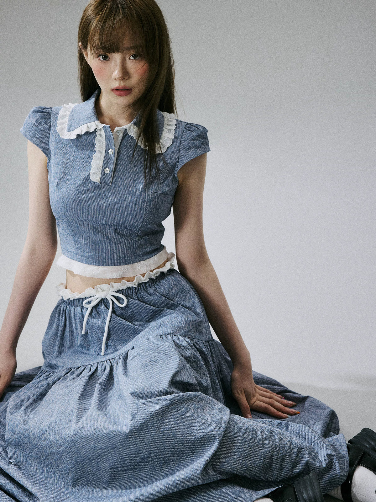 LOST FOREST - Denim Blue Fitted Top & Low-Waist Skirt Set