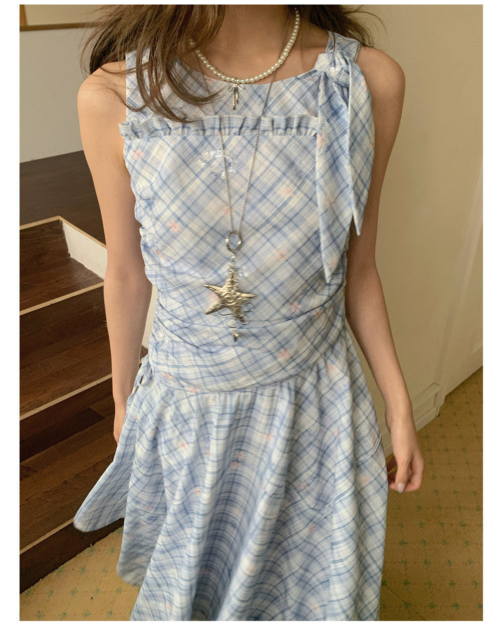 “Blue Meadow Reverie” Blue Plaid Floral Maxi Dress