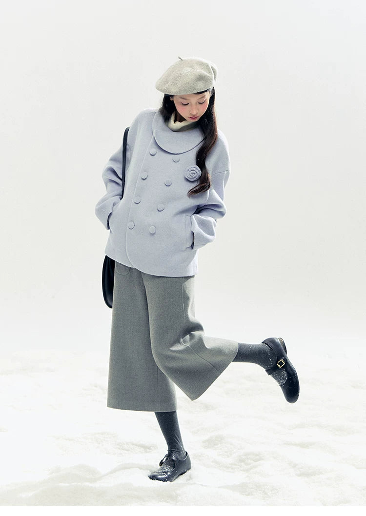"Rose Manifesto" Frosted Blue Double-Breasted Quilted Wool-Blend Peacoat