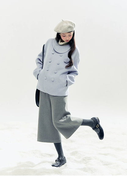 "Rose Manifesto" Frosted Blue Double-Breasted Quilted Wool-Blend Peacoat