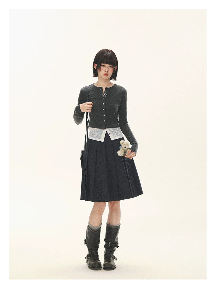 "Layered Blossom" Faux-Layer Knit Cardigan (Sakura Pink/ Heather Gray)