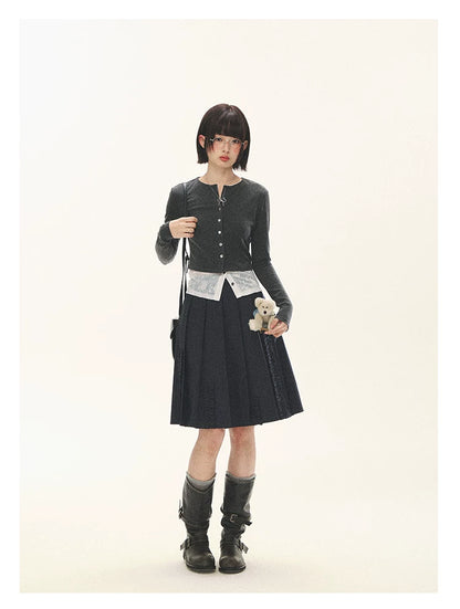"Layered Blossom" Faux-Layer Knit Cardigan (Sakura Pink/ Heather Gray)
