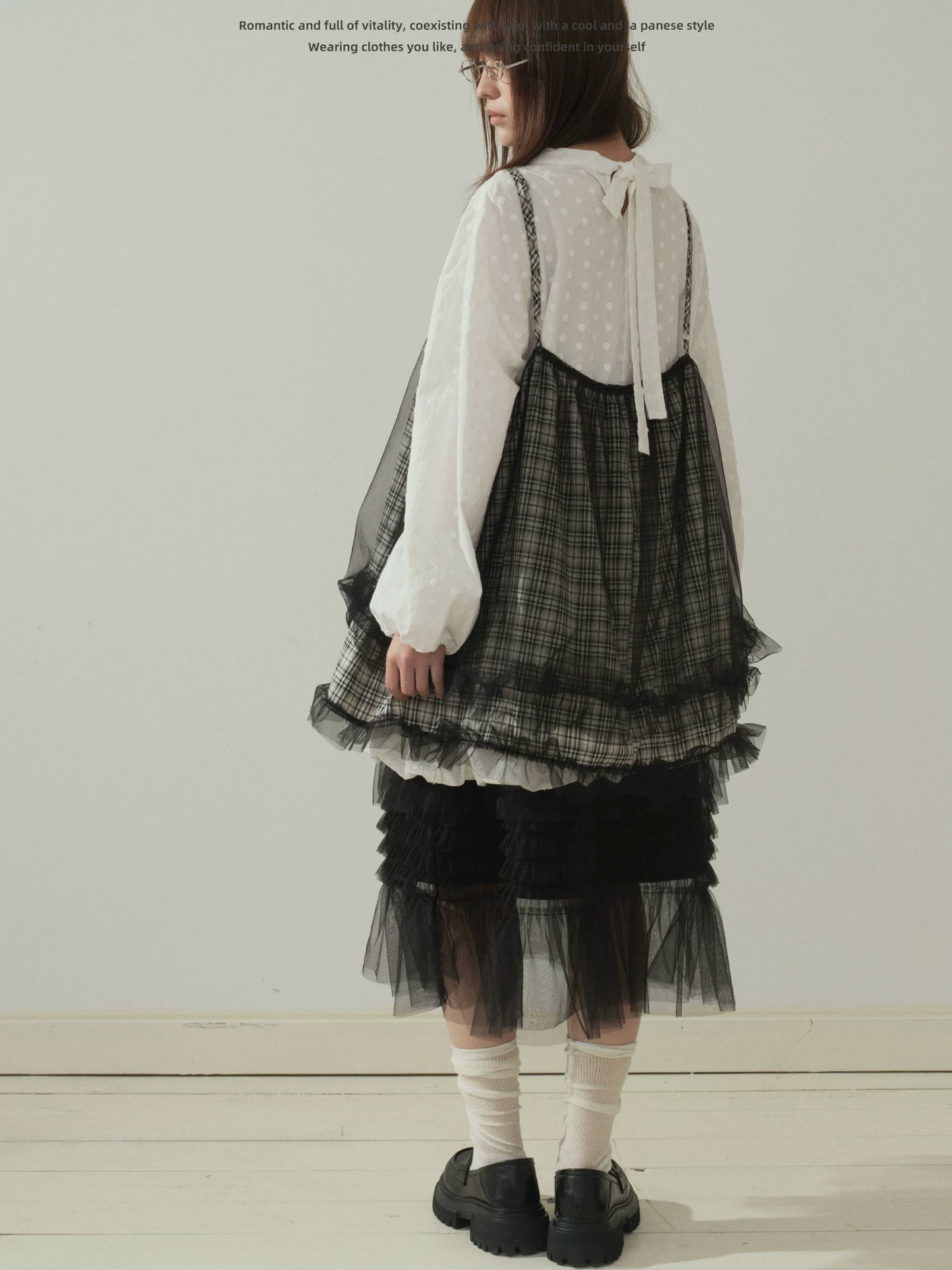 "Layered Breeze" Black & White Plaid Mesh Layering Cami Top