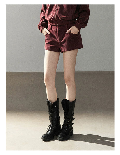 AOMALM - Burgundy PU Suede Jacket & A-Line Shorts Set