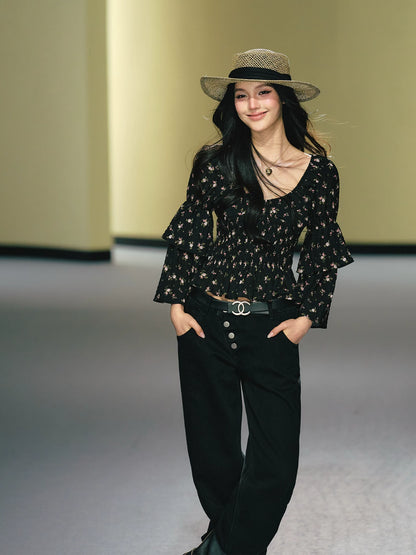 "Midnight Tea Garden" Black Floral Ruffle Blouse & Tiered Mini Skirt Set