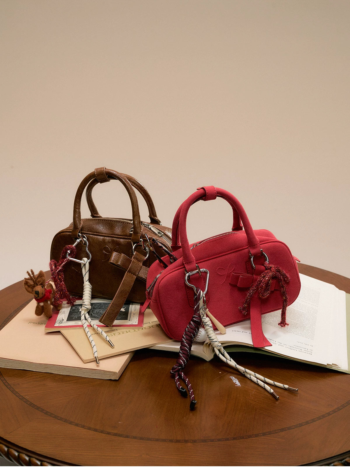 SunsetPark - Suede Bow Boston Handbag (Red / Brown / Floral / Blue / Pink)