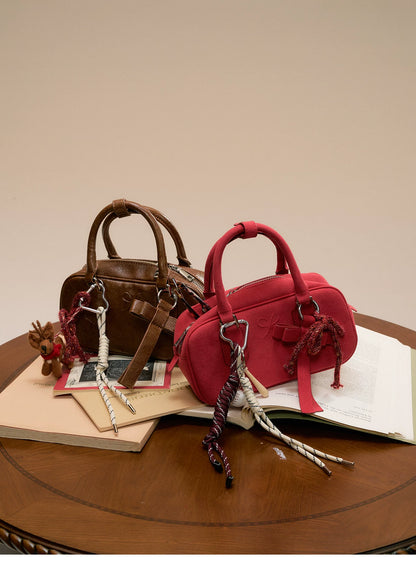 SunsetPark - Suede Bow Boston Handbag (Red / Brown / Floral / Blue / Pink)