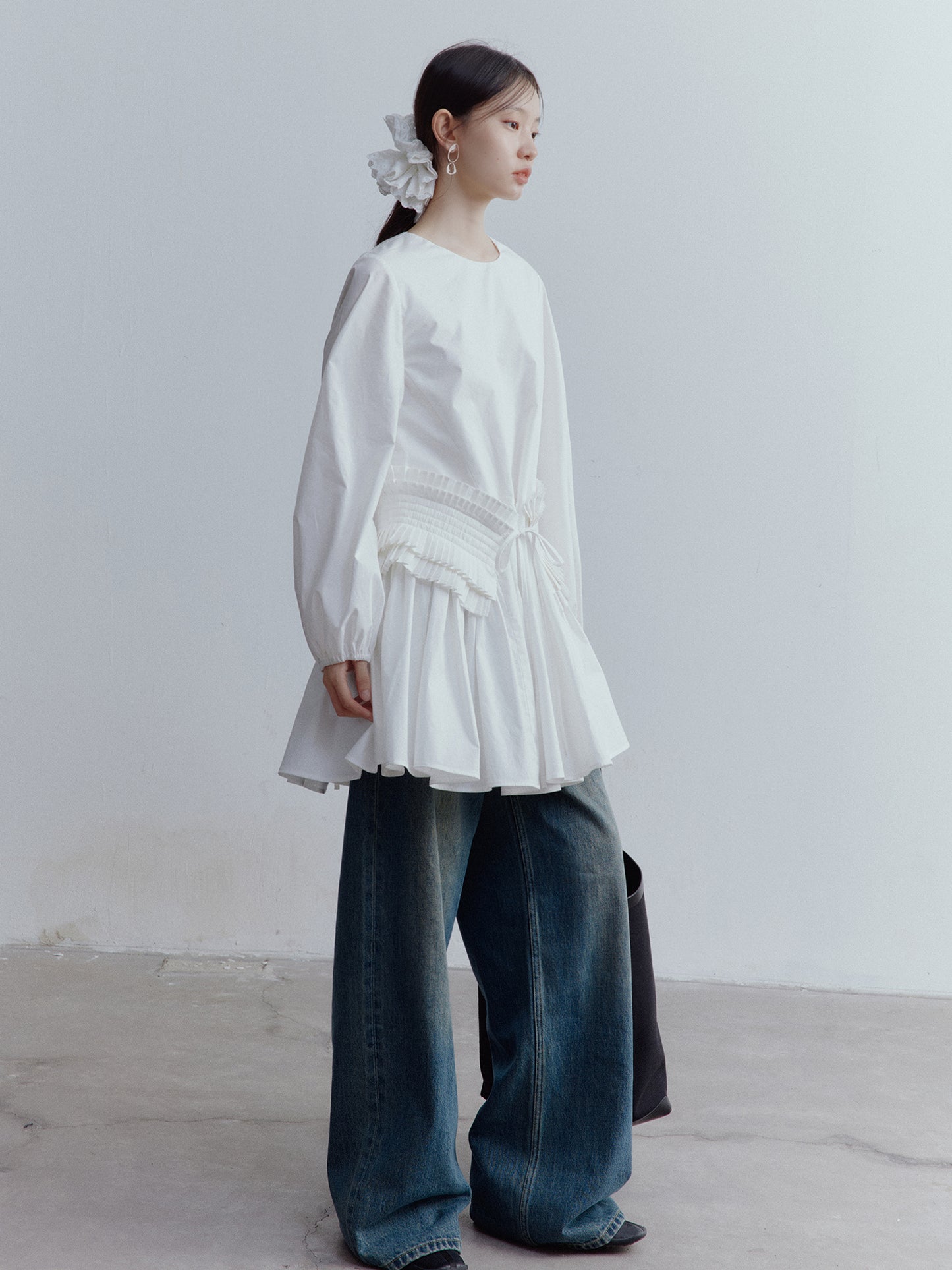 FUSSED Fragmented Dream Mist White Pleated Cotton Doll Dress FOF-25SS159a