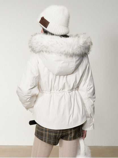 Soote Season - “Cloud Waistline” Cloud Mist White Faux Fur Collar Cinched Puffer Parka