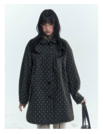 Horridale - Peter Pan Collar Pleated Mid-Length Wool-Blend Coat – Gray Polka Dot