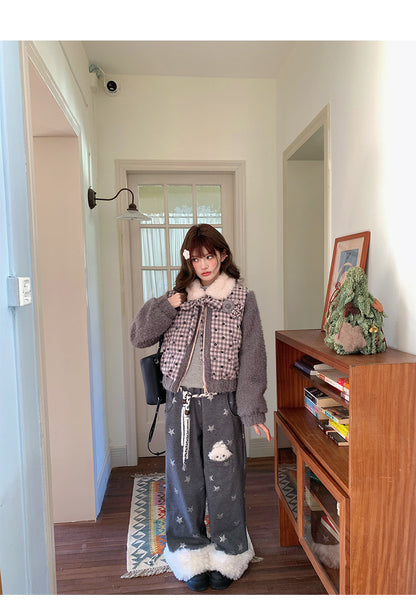 阮阮自制 - "Cold Star Snow" Faux Fur Star Print Fleece Jogger Pants