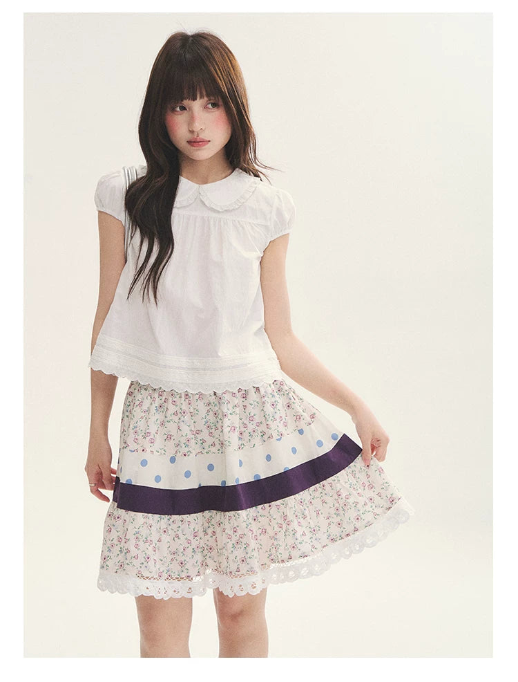 "Moonlight Grape" Vintage Floral Polka Dot Lace A-Line Skirt