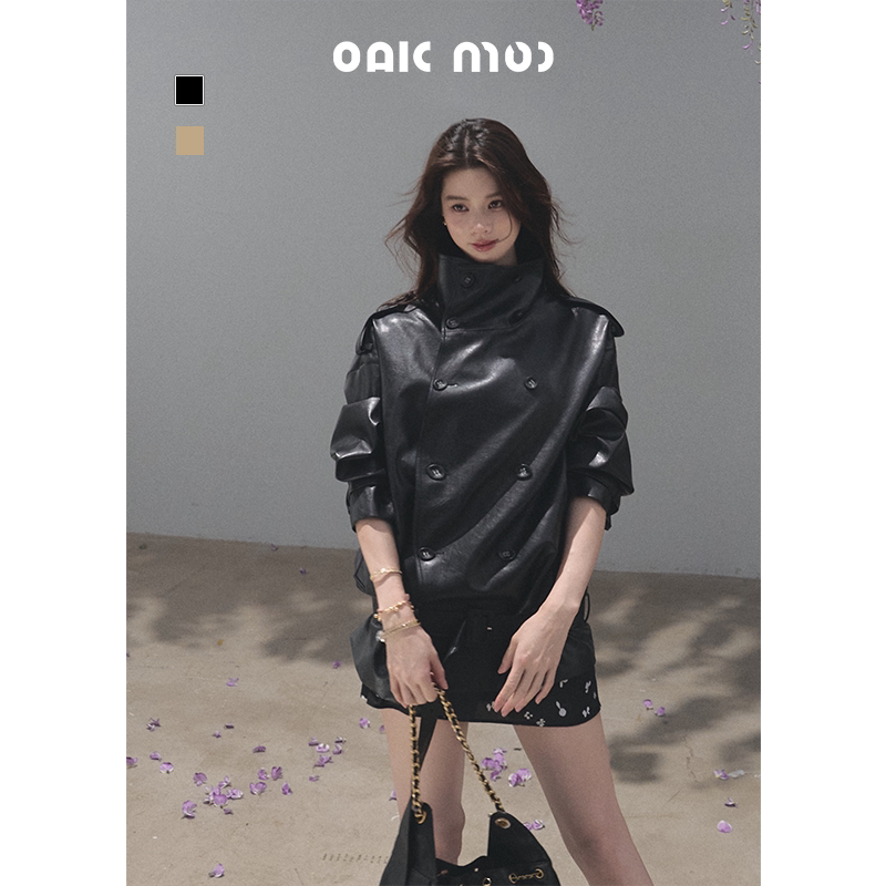 OAKMOO/ Belted Double-Breasted Trench Jacket (Deep Black / Hazel Khaki)