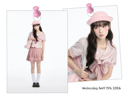 "Cherry Melody" Pink Sailor Uniform Set (Sailor Collar Shirt + Pleated Skirt + Ribbon Bow)