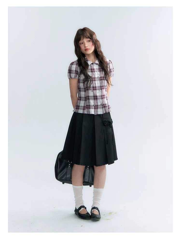"Violet Mist Bow" Purple Brown Plaid Blouse