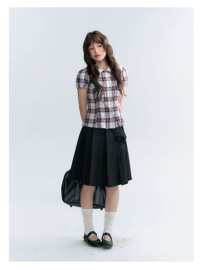 "Violet Mist Bow" Purple Brown Plaid Blouse
