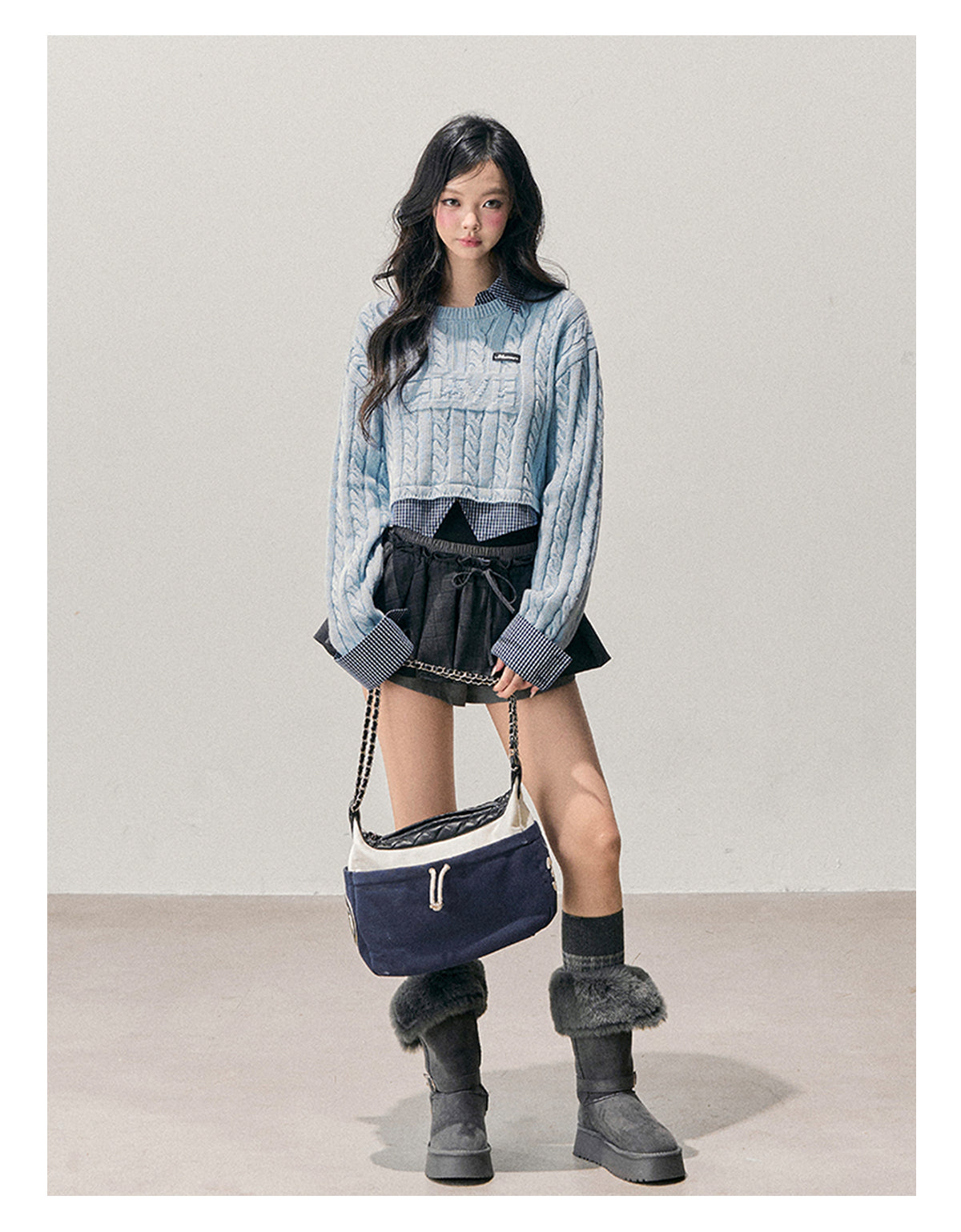 少也眼 “Falling Blue” Faux-Layered Wool Knit Sweater 658454