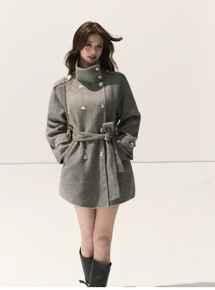 OAKMOO/ Pure Wool Belted Double-Faced Stand Collar Coat (Silver Blue / Flint Gray)