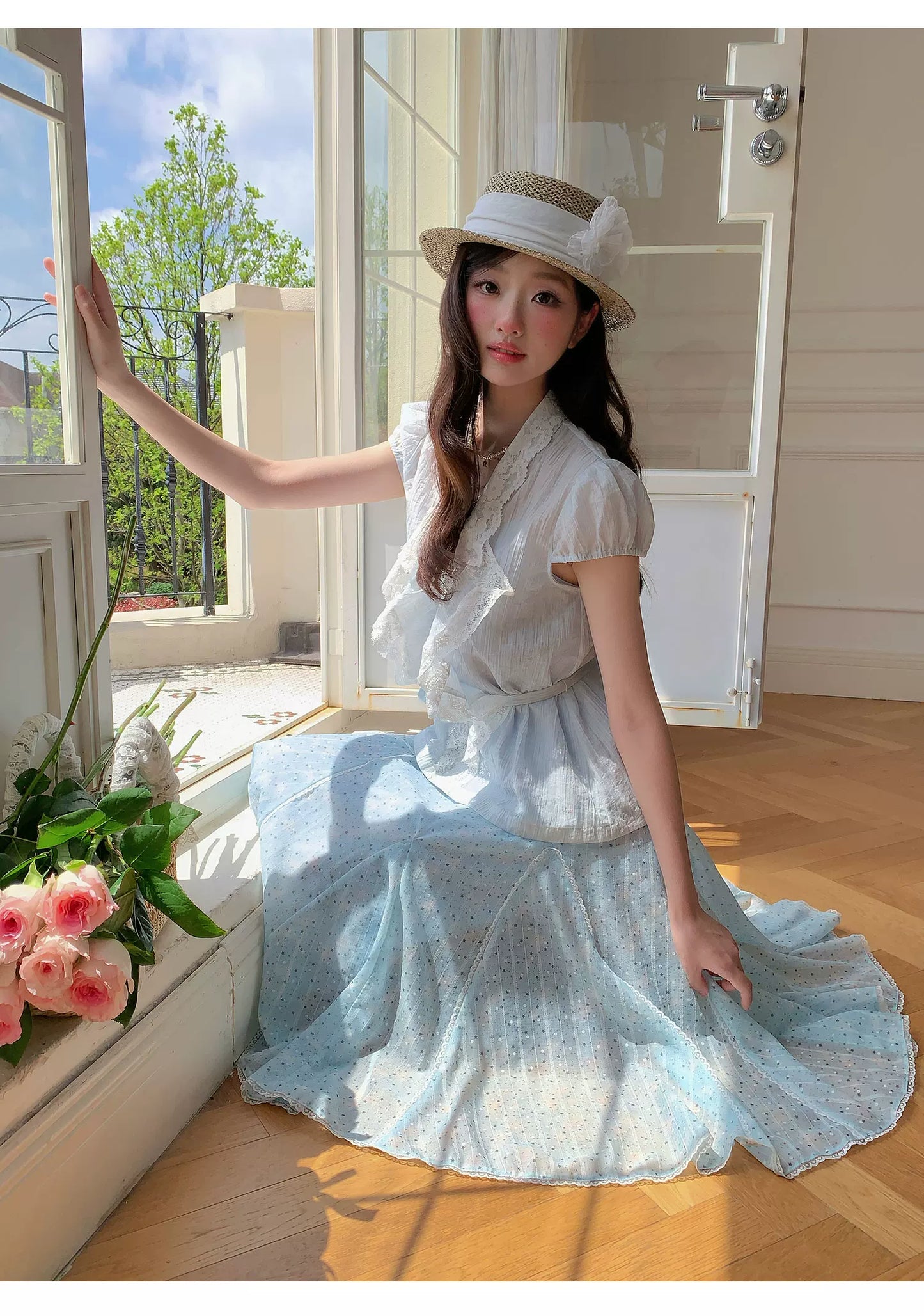 “Blue Berry Stardust” Blue Floral Polka Dot Skirt