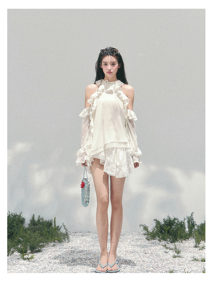 少也眼 “Heidi Heiress” Milk Apricot White Sheer Ruffle Top 142