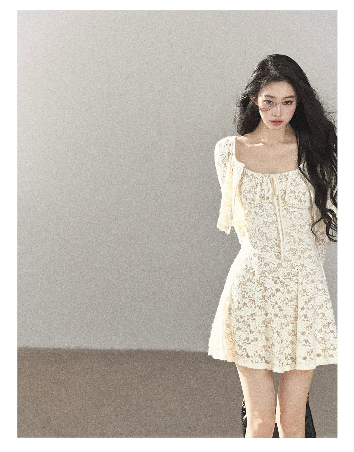 AOMALM - "Moonlight on the Floor" Dutch Cream Lace Cami Dress & Cardigan Set