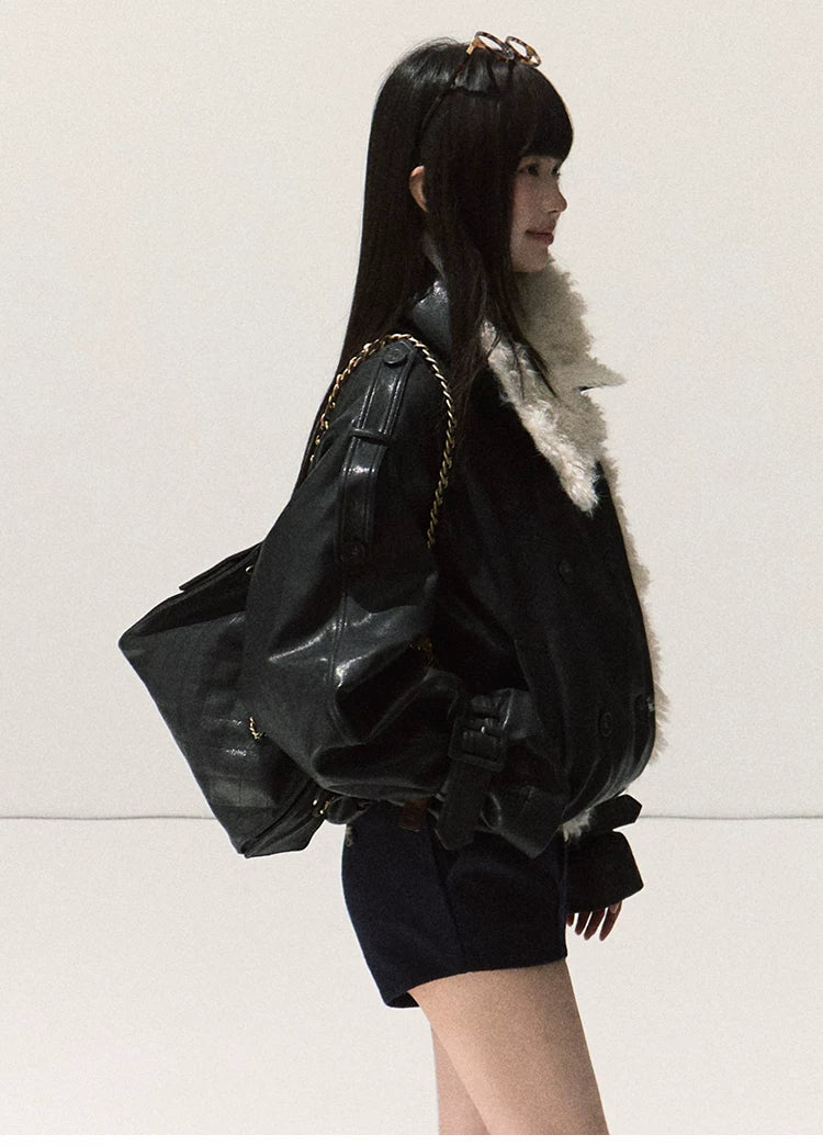 OAKMOO/ Cropped Faux Leather Shearling-Collar Jacket (Rich Black / Hazelnut Khaki)