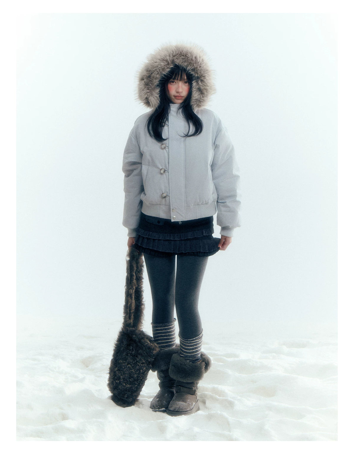 Horridale - Mist Blue Hooded Down Jacket with Detachable Faux Fur Collar