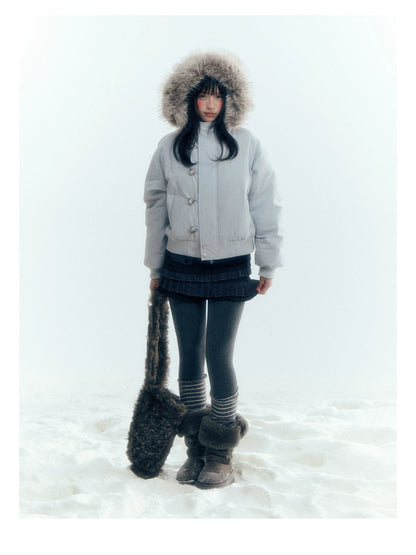 Horridale - Mist Blue Hooded Down Jacket with Detachable Faux Fur Collar