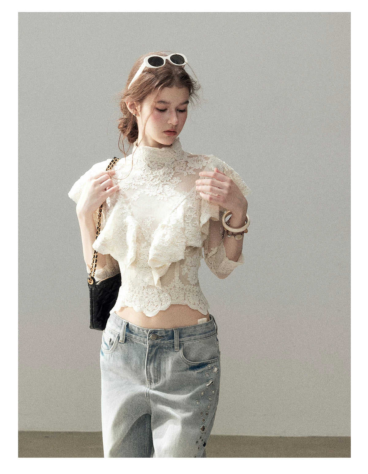 "Translucent Bloom" Dutch Cheese Lace Cropped Top