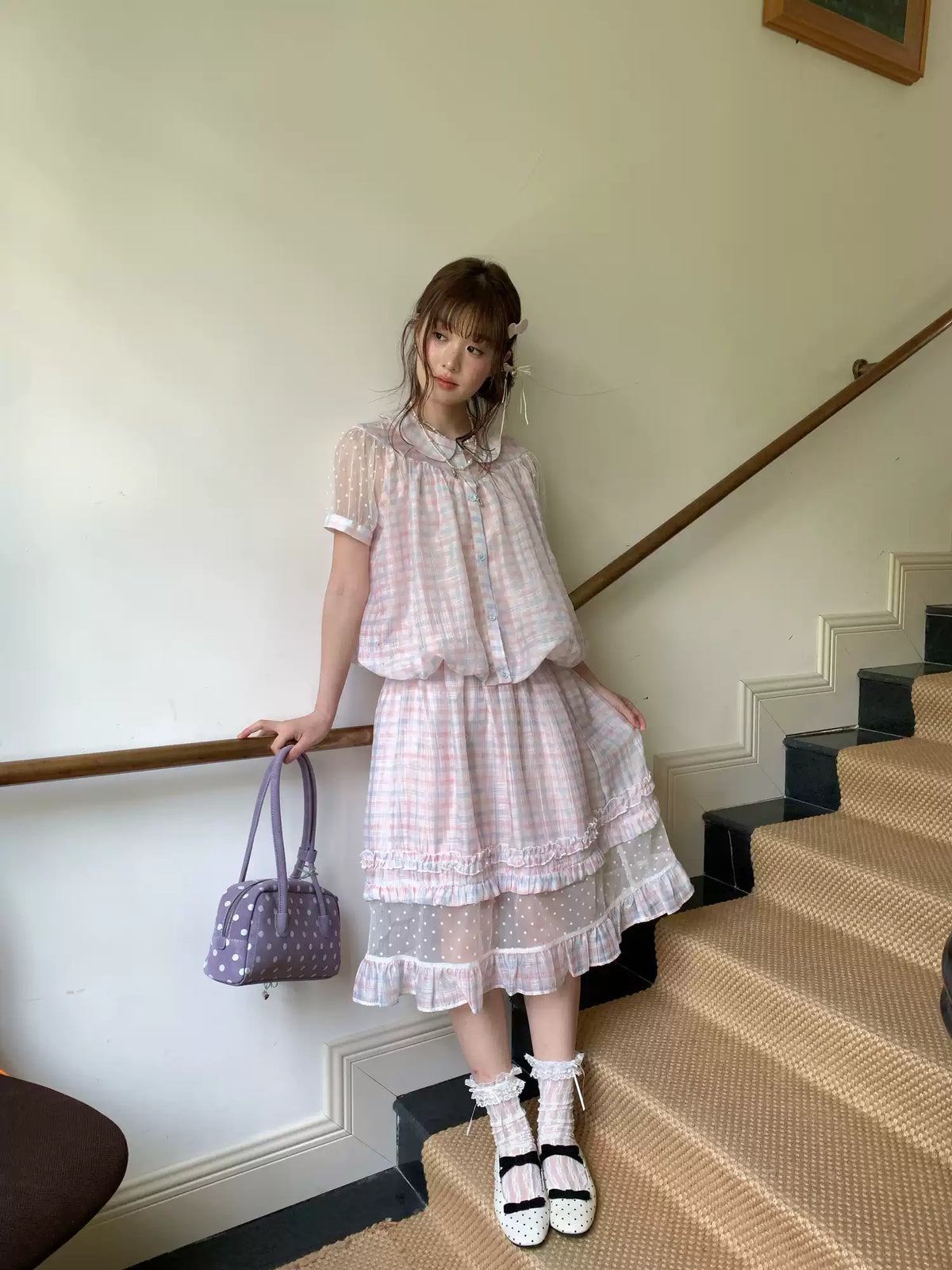 [RF] “Rainbow Cotton Candy” Blue & Pink Plaid Two-Piece Set