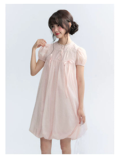 "Little Princess" Strawberry Pink Lace Bow Bubble Hem Midi Dress