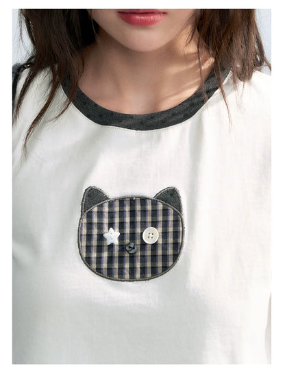 "Hide and Seek" Ivory Cat Patchwork Embroidered Puff Sleeve T-Shirt