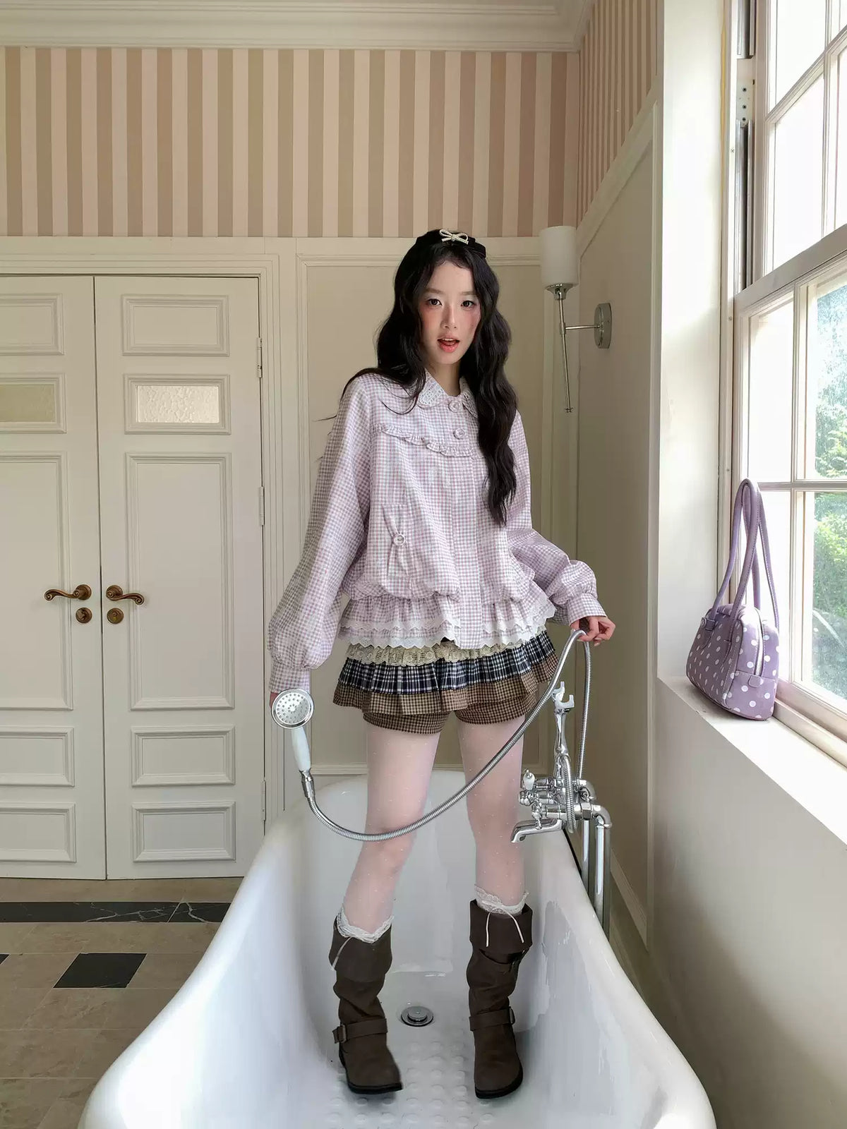 [RF] “Cream Garden Reverie” Light Purple Plaid Ruffle Lace-Trim Jacket