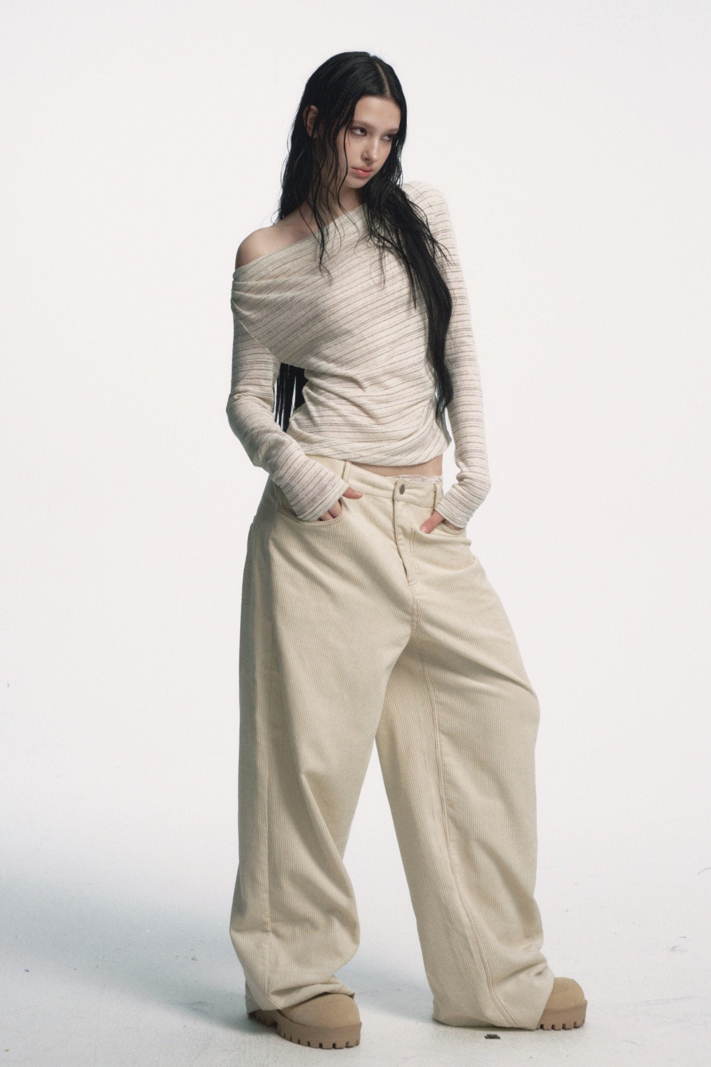 Muirgen - Ivory Silver-Thread Asymmetrical Off-Shoulder Fitted Top