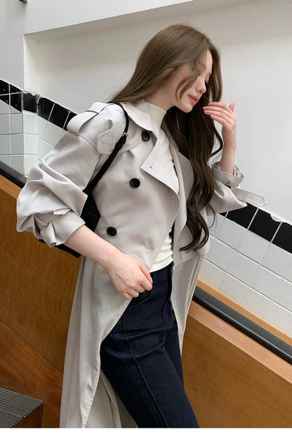 LaluneDuCiel - Beige Gray Double-Breasted Long Trench Coat