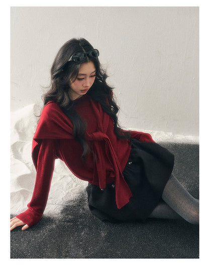 040126 "Orlane Academy" American Preppy Knit Top & Shawl Set - Angora Red