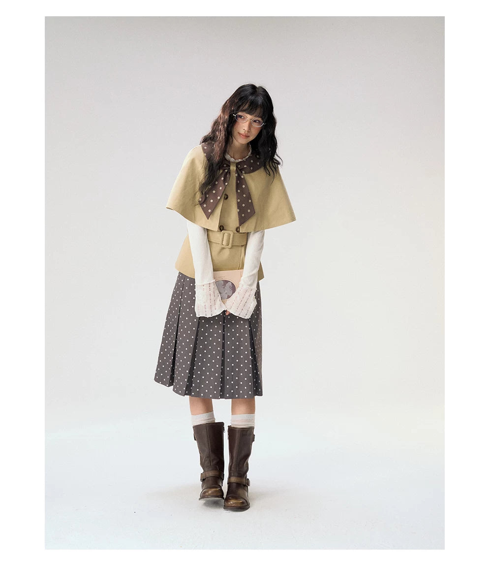 [CAN] "Afternoon Tea Break" Khaki Bow Cape Trench Coat Set