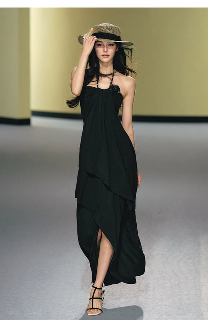 "Moonlit Reverie" Halter Layered Maxi Dress (Black/ Blush Pink)
