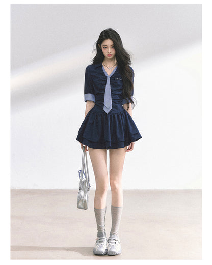 少也眼 "London Chronicle" Structured Plaid Puff-Sleeve Mini Shirt Dress - Navy Blue