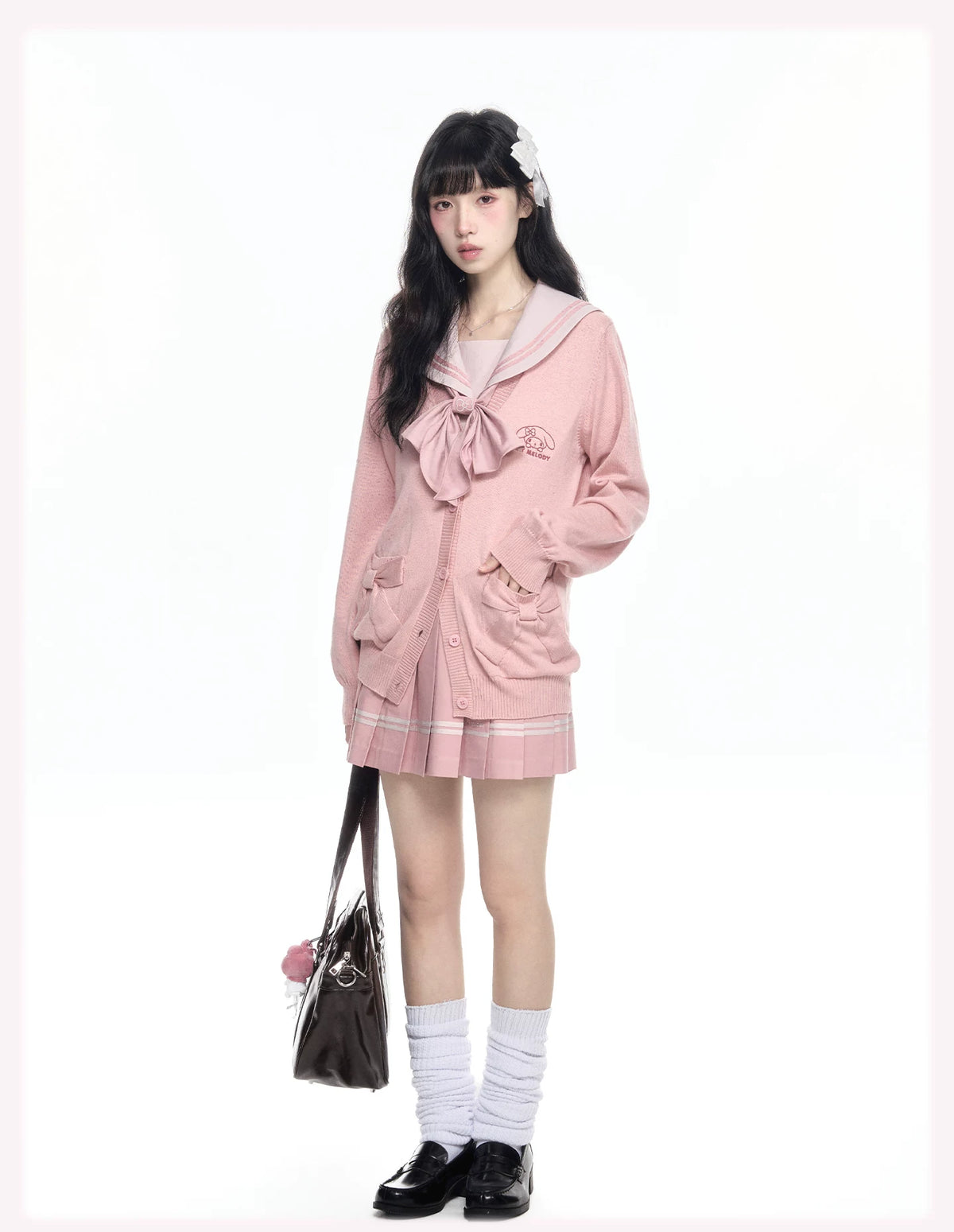 “Melody Blush” Pink Knit Cardigan & Sailor Uniform Set