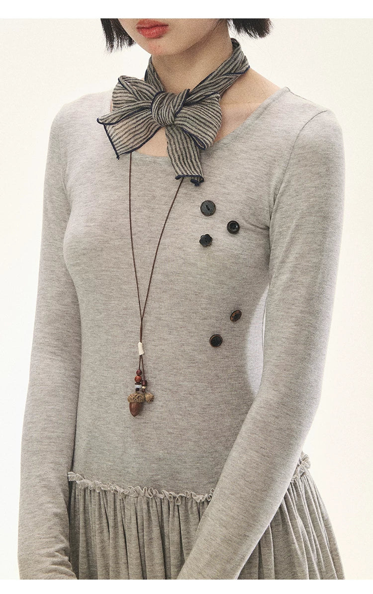 "Spring Memoir" TENCEL™ Wool Pleated Knit Midi Dress (Oat Gray/ Butter Cream)