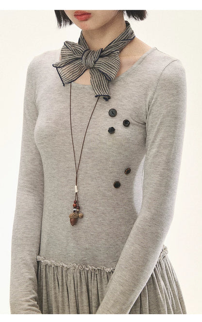 "Spring Memoir" TENCEL™ Wool Pleated Knit Midi Dress (Oat Gray/ Butter Cream)
