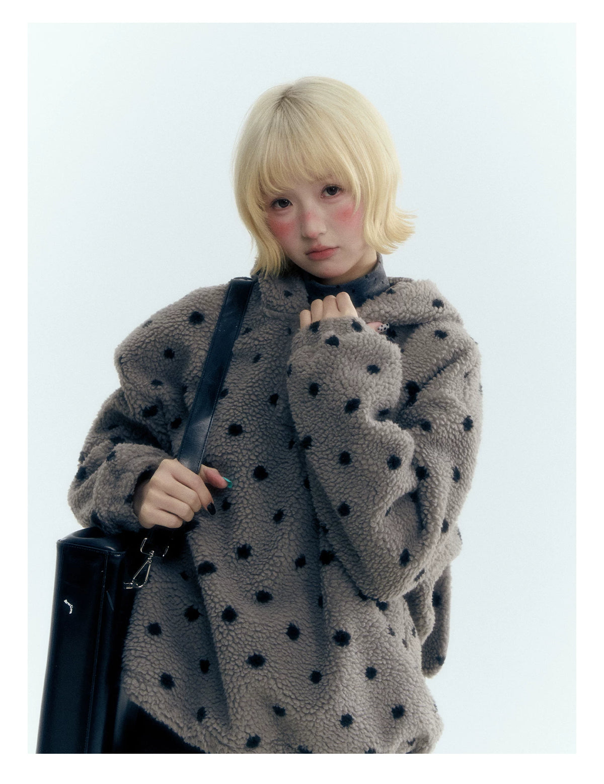 Horridale - Dark Gray Polka Dot Mock Neck Layering Top with Ruffle Hem