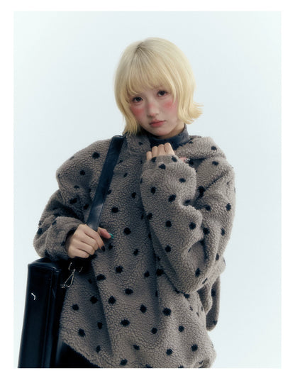 Horridale - Dark Gray Polka Dot Mock Neck Layering Top with Ruffle Hem